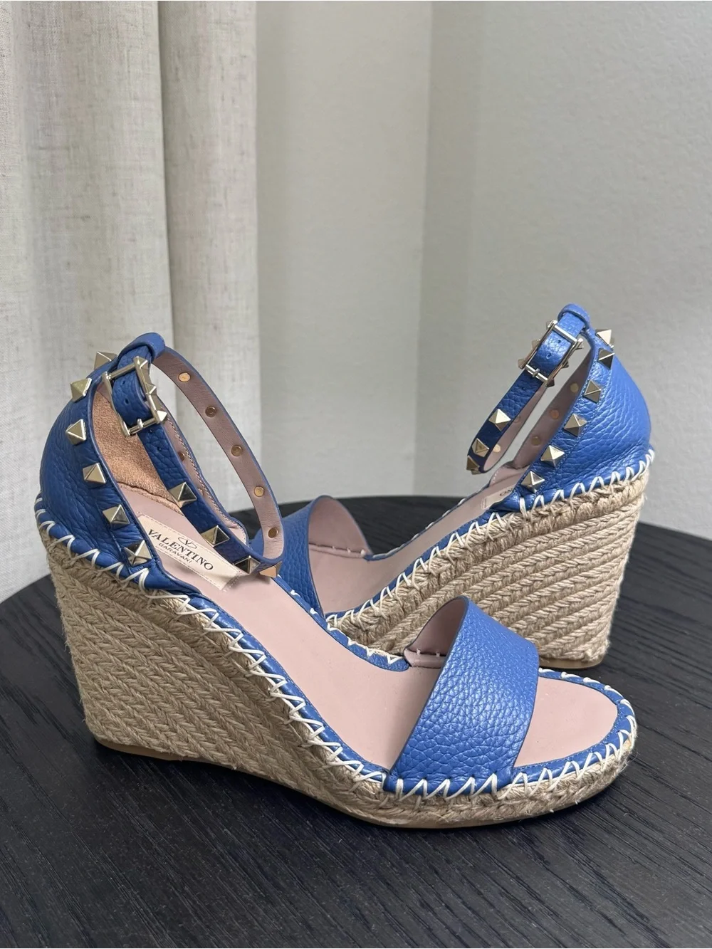 Valentino Garavani Rockstud Espadrille Wedge Sandals Blue 39